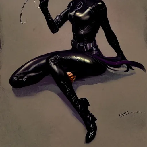 Image similar to Catwoman as little girl, wears black boots, whole body, 4k, super detailed, long shot, elegant, digital painting, concept art, sharp focus, art by artgem and greg rutkowski and alphonse mucha