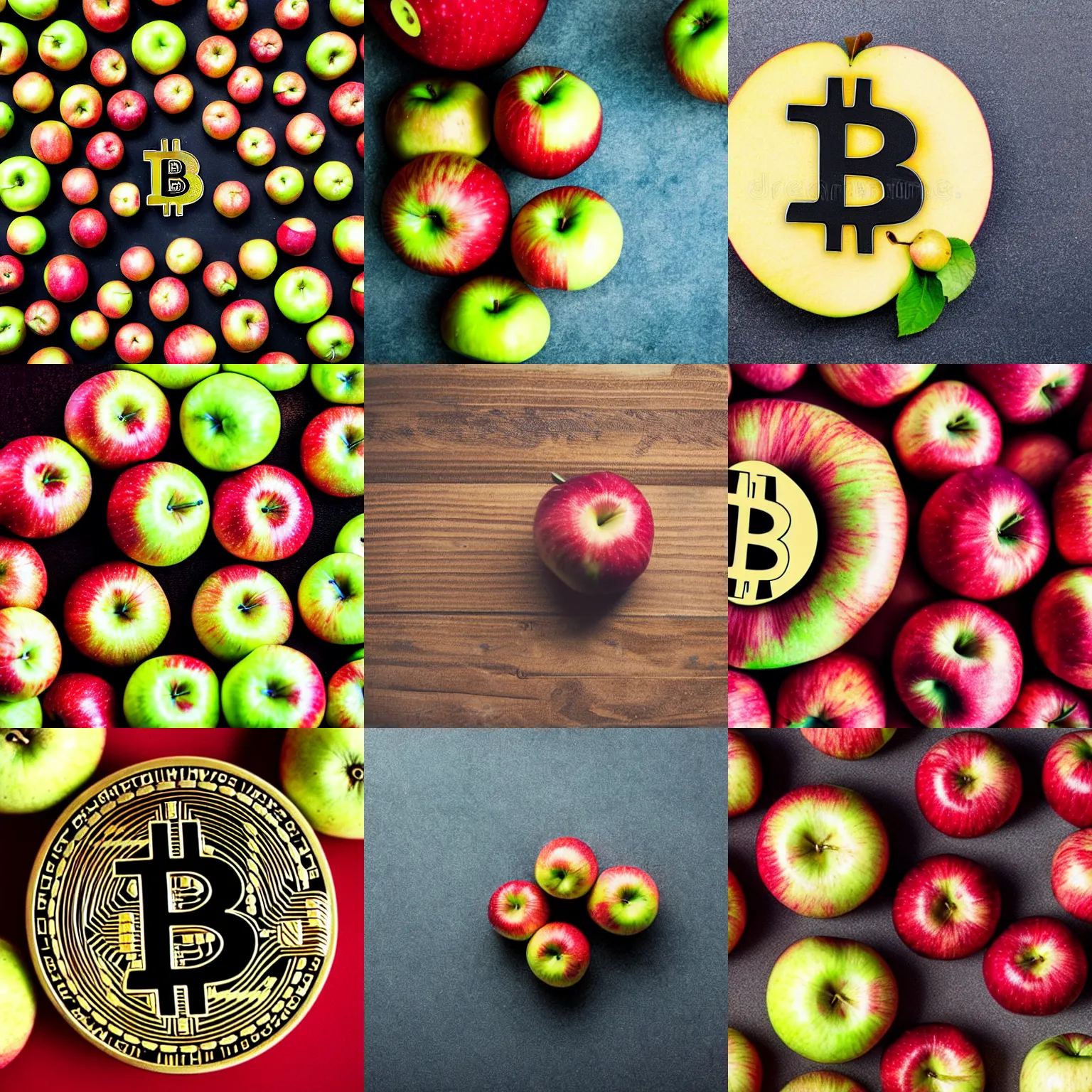 Prompt: bitcoin out of apples, real photo, top down view