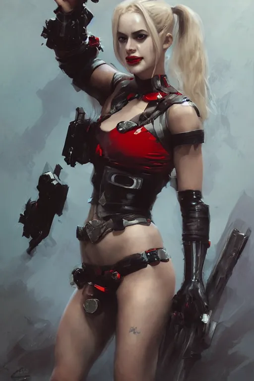 Image similar to portrait of Harley Quinn in bikini armor, dc comics, cyberpunk, Warhammer 40000, dark fantasy, digital art from artstation by Ruan Jia and Mandy Jurgens and Artgerm and william-adolphe bouguereau