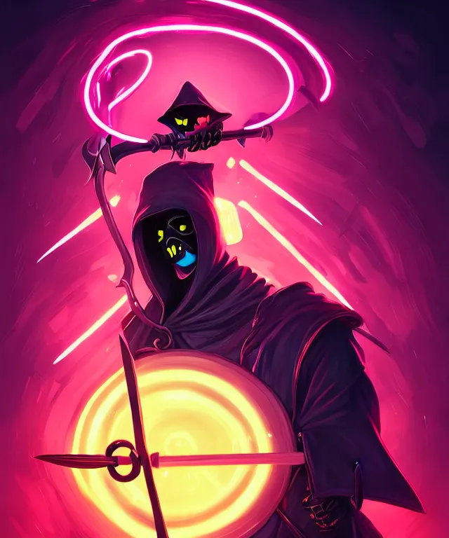 Image similar to a portrait of a hooded neon grimm reaper holding a single scythe, fantasy, elegant, digital painting, artstation, concept art, matte, sharp focus, illustration, art by josan gonzalez