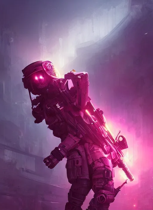 Image similar to a full body portrait of a futuristic cyberpunk british longhair cat soldier in war scene, epic lighting, pink vibe, ultra detail, hd, by greg rutkowski