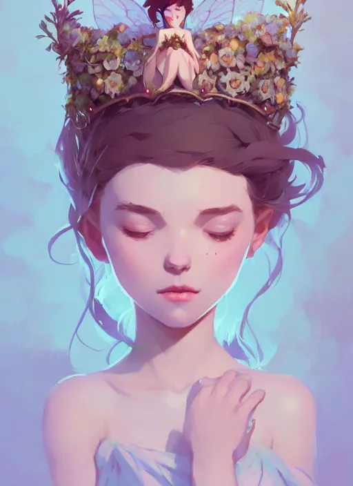 Image similar to portrait of cute fairy girl with crown of flowers fantasy, by atey ghailan, by greg rutkowski, by greg tocchini, by james gilleard, by joe gb fenton, by kaethe butcher, dynamic lighting, gradient light blue, brown, blonde cream and white color in scheme, grunge aesthetic