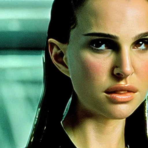 Prompt: Portrait of young Natalie Portman in a Matrix Movie, 4k cinematic quality, bluray image