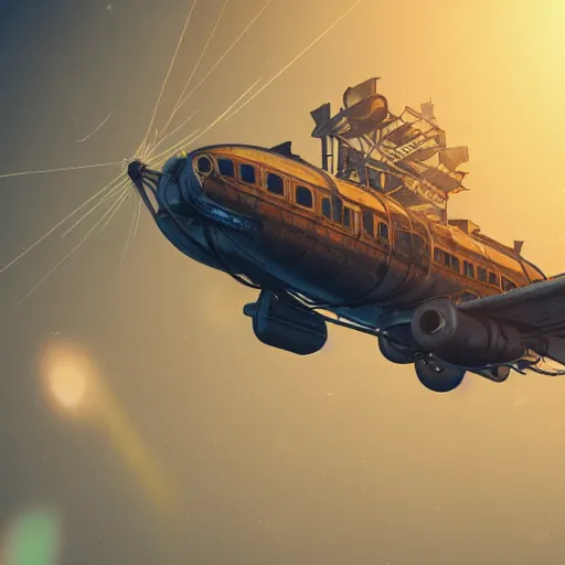 Image similar to steampunk airplane supperrealistic, artstation, fantasy, 4k, octane render, cinematic lighting, anamorphic lens flare, post processing, concept art