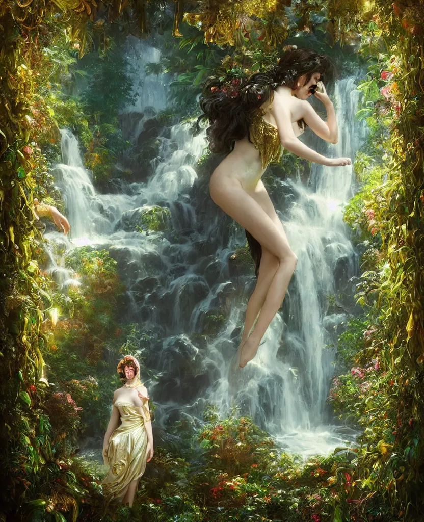 Image similar to hyper realistic photographer looking through a vintage medium format camera, magic pouring from lens, fantasy castle, full body waterfall dress, design on white background, beautiful details, lush foliage cyberpunk, gold, drawn by john singer sargent, tom bagshaw, norman rockwell, alphonso mucha, lolish, trending on artstation