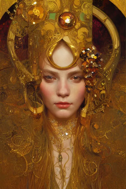 Image similar to an intricate artistic klimt golden motives and textures, hyper detailed, ornamental gold headpiece, octane render, vivid colors, artstation, by jeremy mann, by alphonse mucha, by boris vallejo