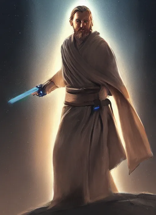 Image similar to a portrait of obi - wan kenobi as a jesus, cyberpunk, grim - lighting, high - contrast, intricate, elegant, highly detailed, digital painting, artstation, concept art, smooth, sharp focus, illustration