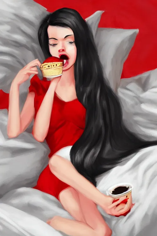 Image similar to cute girl in red dress with black hair and large beautiful eyes consuming ice cream in her bed, digital art