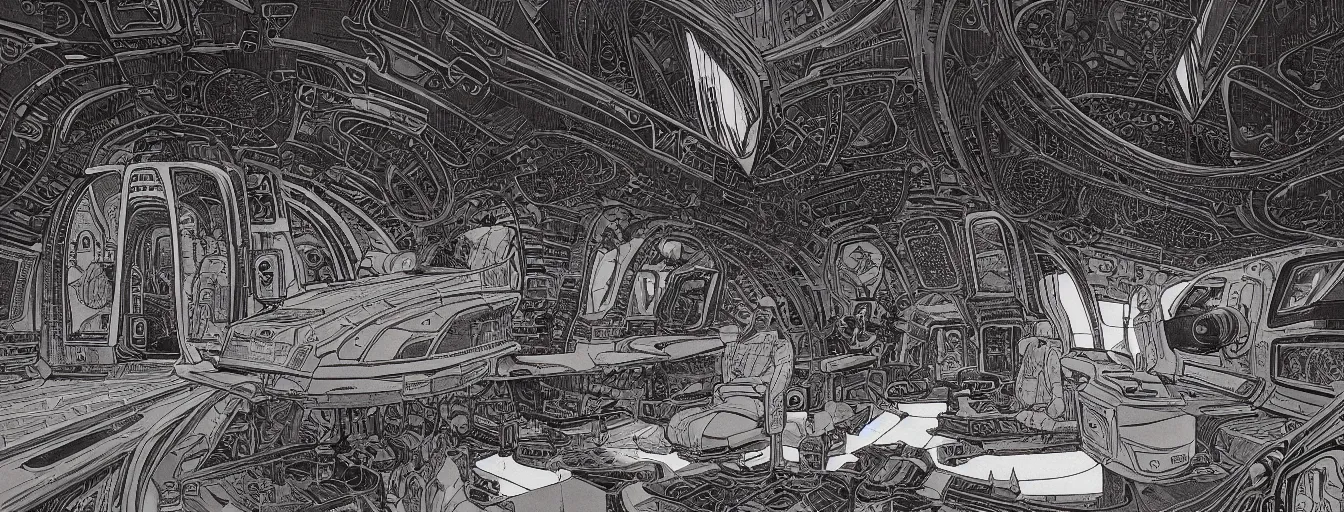 Image similar to cinematic shot of the interior of a sci - fi spaceship made with ornate biomachanical architecture and highly advanced technology, intricate linework, style of jean giraud moebius comic art