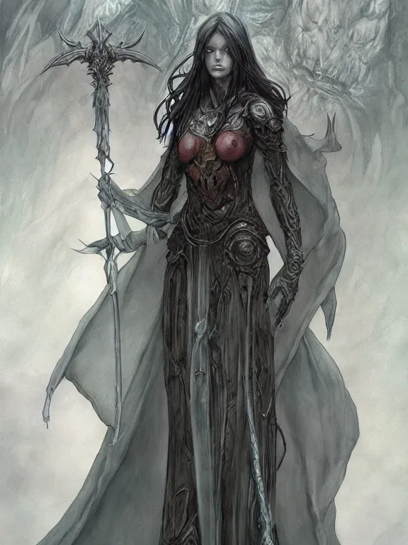 Prompt: female revenant, grey tarnished robes, vengeful, floating, no legs, high fantasy, grim colors, matte digital illustration, by koyorin, donato giancola, pixiv