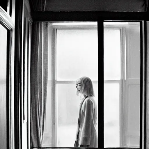 Image similar to Elle Fanning looking out the window of her hotel bedroom, dark, occult, rainy night, somber lighting, by Edward Hopper