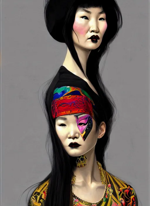 Image similar to portrait of a mongolian woman with a crooked nose and a confident expression, 1 9 6 0 s, black clothes, goth, punk, brightly coloured hair, funk, intricate, elegant, highly detailed, digital painting, artstation, concept art, smooth, sharp focus, illustration, art by wlop, mars ravelo and greg rutkowski