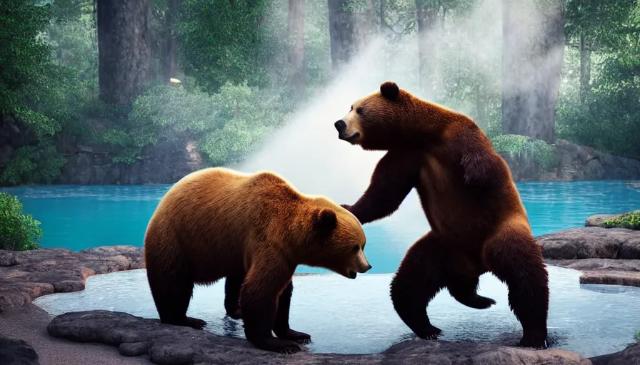 Image similar to fullbody portrait of bears playing capoeira in a hot spring. volumetric light, detailed, photorealistic, fantasy, rendered in octane