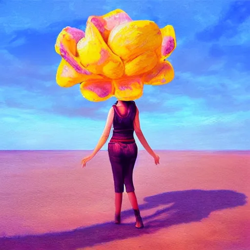 Image similar to portrait, giant rose flower head, girl dancing at the beach, surreal photography, sunrise, blue sky, dramatic light, impressionist painting, digital painting, artstation, simon stalenhag