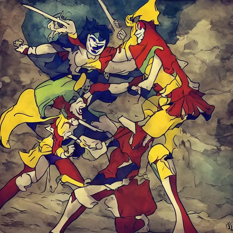 Prompt: “two animated jesters, lance fighting, with superpowers”