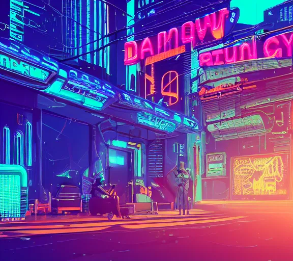 Image similar to a dreamlike cyberpunk city sit in the very far future, neon signs, shops and bars, floating buildings, glowing neons, synthwave, slightly abstract, rich deep colors, 4 k, realistic photography, flying cars in the distance, robot humanoids, anthropomorphic vehicles, fantasy setting, brilliant dreamy lighting, 8 0 s vibe, morning, blue sun