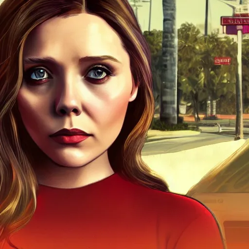 Prompt: elizabeth olsen posing in gta v, digital art, highly detailed, trending on arstation