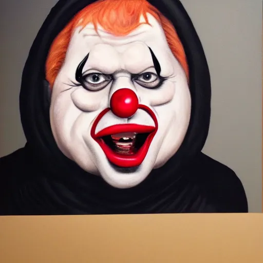 Image similar to Caricature portraits done of an angry british clown wearing a black hoodie and typing in a dark room on a computer late at night, realistic, hyperrealistic, very realistic, highly detailed, very detailed, extremely detailed, detailed, oil painting, digital art, trending on artstation