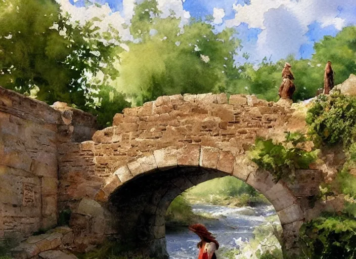 Image similar to watercolor of rustic stone bridge with mural, ivy, summer daylight, bright clear day, clouds, high detailed art by dennis miller bunker, work by anders zorn, wonderful masterpiece by greg rutkowski, beautiful cinematic light, american romanticism by greg manchess, creation by tyler edlin