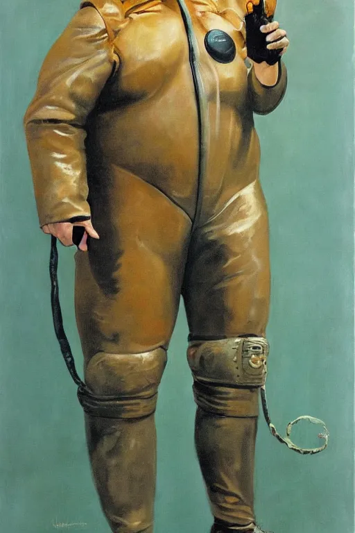 Image similar to full body portrait of actor kenneth mcmillan as baron harkonnen wearing leather spacesuit in dune, colour painting by normal rockwell and phil hale