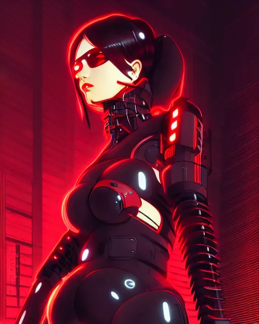 Prompt: a comic potrait of a cyberpunk cyborg girl with black and red parts, fine - face, realistic shaded perfect face, fine details. night setting. very anime style. realistic shaded lighting poster by ilya kuvshinov katsuhiro, unreal engine, global illumination, radiant light, detailed and intricate environment