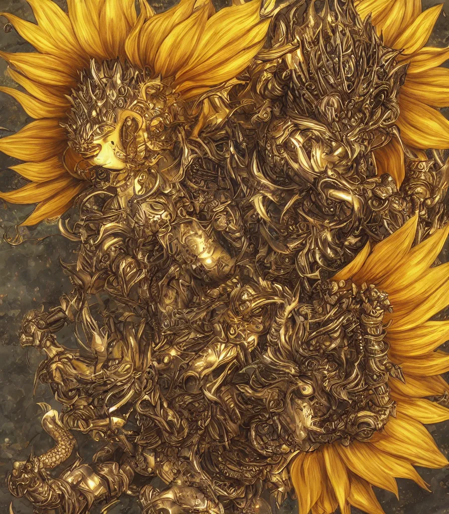 Prompt: A sunflower deity, epic, highly detailed, close-up, fantasy art, dragon art, in the style of masami kurumada, illustration, epic, fantasy, intricate, hyper detailed, artstation, concept art, smooth, sharp focus, ray tracing
