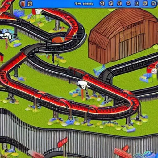 Image similar to alfred e. neumann rides in roller coaster tycoon