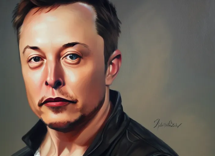 Image similar to concept art of portrait of Elon Musk, oil painting by Jama Jurabaev, extremely detailed, brush hard, artstation, for AAA game, high quality