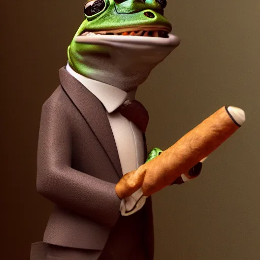 Image similar to a high quality photo of an antropomorphic frog wearing a suit smoking a cigar cigar cigar cigar, 3d scene, render, ultra realistic, artstation, cgsociety