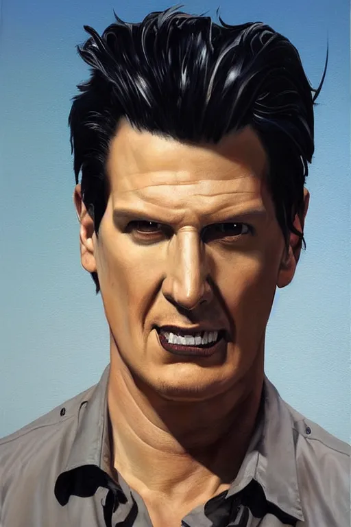 Image similar to expressive exaggerated portait painting of zak bagans by alex ross!!!, phil hale!!!!, visible brush strokes, graphic,'action lines '!!!!, striking, sharp, hd image