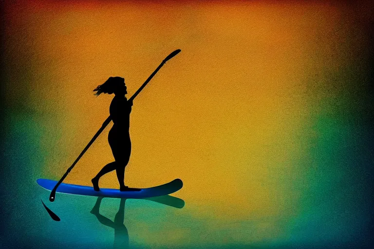 Image similar to beautiful serene person on a paddle board sup, healing through motion, life, minimalistic golden and ink airbrush painting on white background