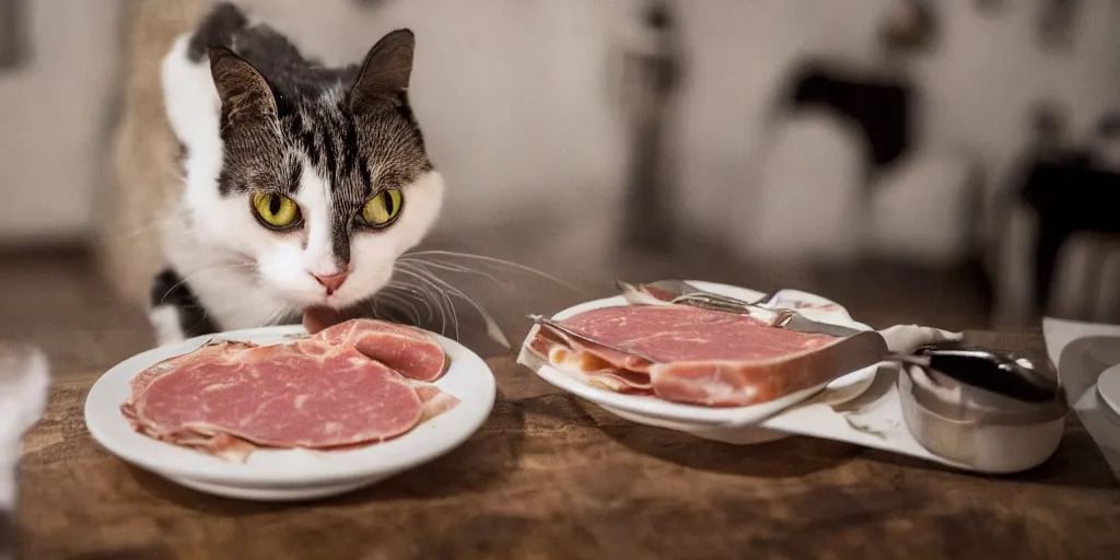 Prompt: photography of a cat eating mortadella at trullo house, photoreal, 3 5 mm, award winning photography