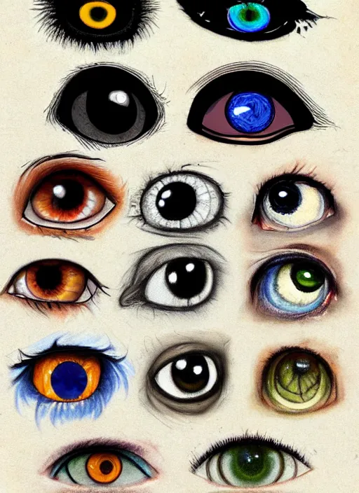 Image similar to diverse eyes!, dot pupils, advanced art, art styles mix, from wikipedia, grid of styles, various eye shapes