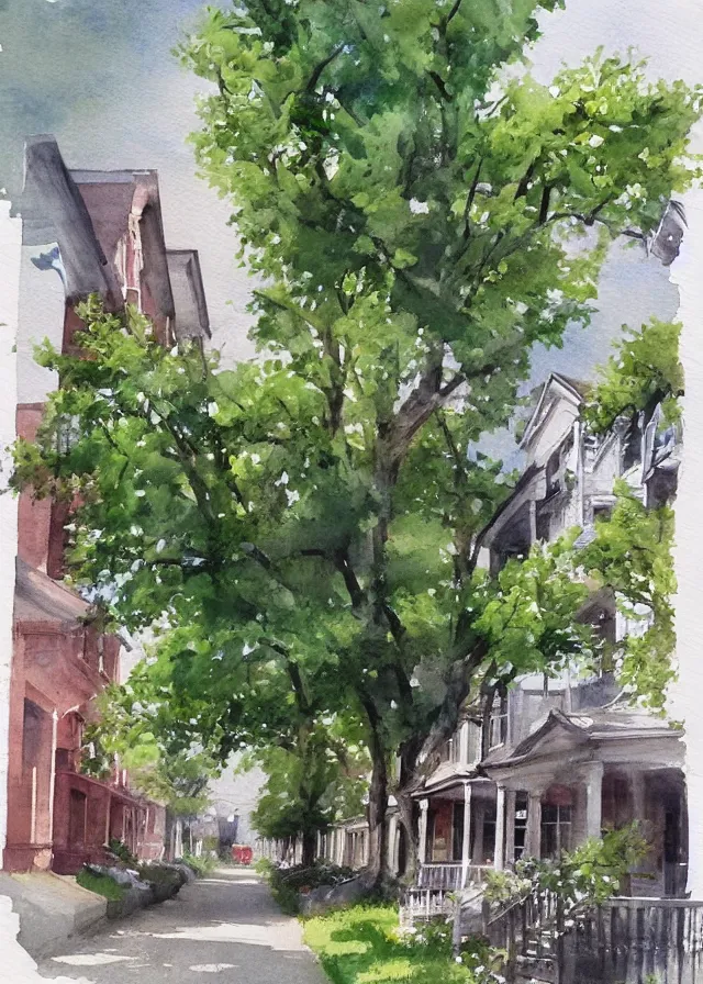 Image similar to street lined with old residential houses summer watercolor by arti chauhan trending on artstation