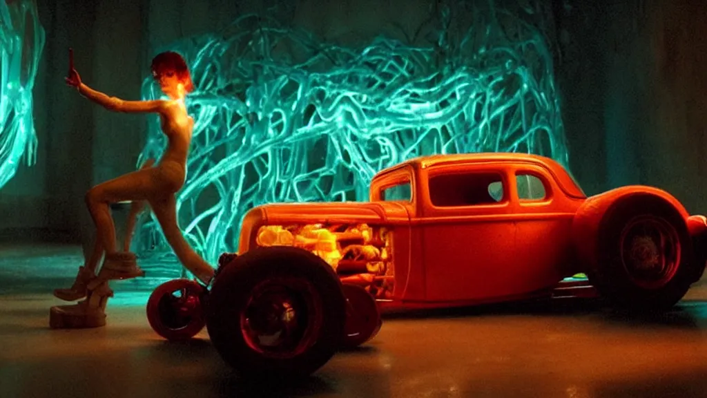 Prompt: the hot rod made of glowing wax, they look me in the eye, film still from the movie directed by Denis Villeneuve and David Cronenberg with art direction by Salvador Dalí, wide lens