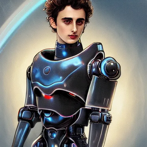 Image similar to timothee chalamet wearing a mech suit, digital art, focus rack, by artgerm