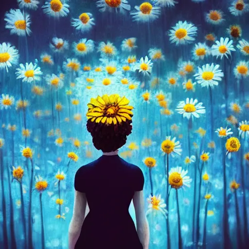 Prompt: closeup, large daisy flower head, woman in modern city, surreal photography, night light, dark, impressionist painting, digital painting, artstation, simon stalenhag