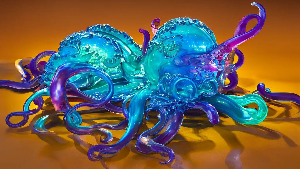 Prompt: Sculpture, a octopus made of blown glass, elegant, intricate detail, a splash of color, a masterpiece, refracting light, pbr, path tracing, refraction