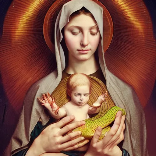 Image similar to the virgin mary holding a reptile, no baby, no baby, highly detailed, digital painting, concept art, smooth, sharp focus, illustration, surrealist, absurd, humorous, photoshop, art by artgerm and greg rutkowski and alphonse mucha