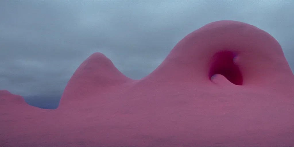 Prompt: a strange huge translucent pvc inflated organic architecture building with pink fluffy fur inside by anish kapoor sits in the rock mountains, film still from the movie directed by denis villeneuve with art direction by zdzisław beksinski, close up, telephoto lens, shallow depth of field