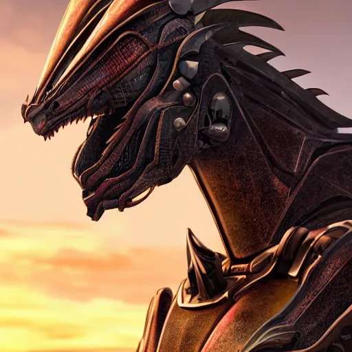 Image similar to epic bust shot, realistic detailed stunning armored anthropomorphic robot female dragon, doing an elegant pose, looking to the side, sleek streamlined armor and design, sharp claws, sleek well designed head with LED eyes, standing on two legs, on the beach during sunset, high quality, cinematic art, sunset lighting, artstation, deviantart, furaffinity