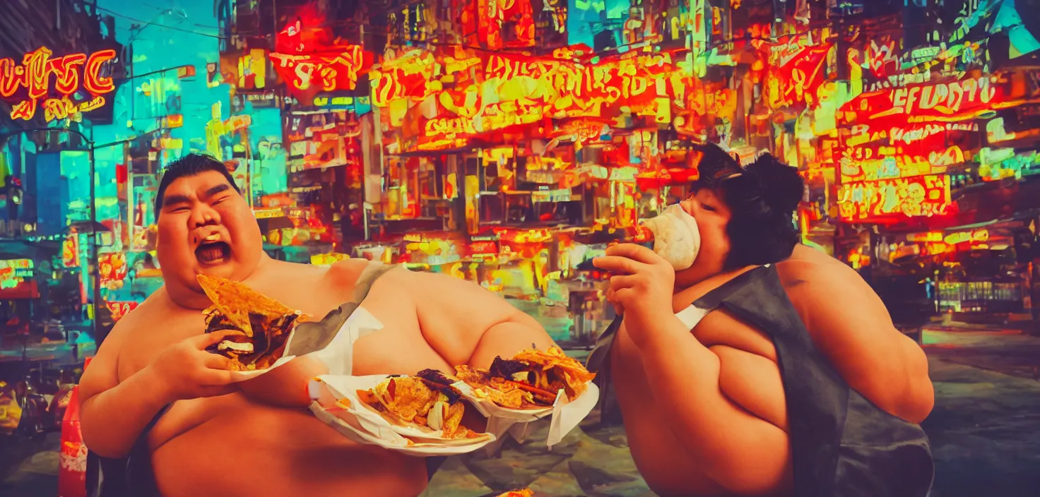 Image similar to sumo wrestler eating crispy tacos with hot sauce, photo realism, bokeh background, neon lights, city background, high definition, slr