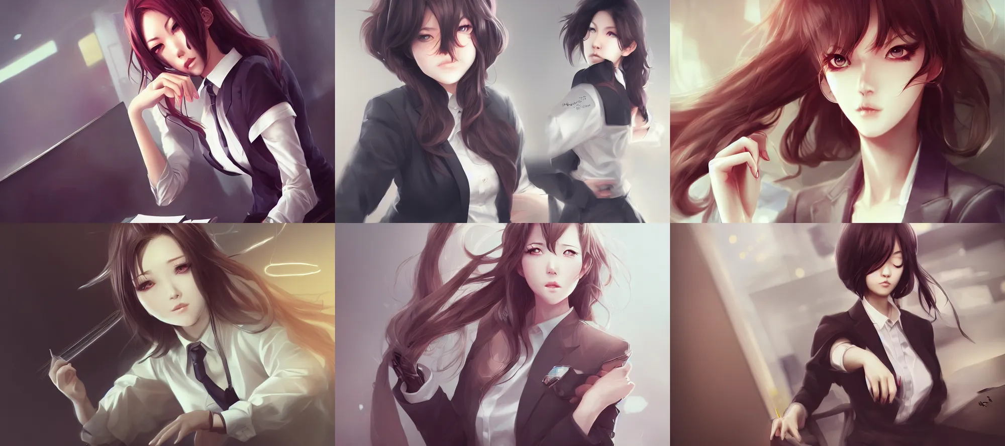 Prompt: tired office lady, wlop, artgerm, sakimichan, guweiz