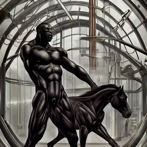 Image similar to splash art of a hyper - muscular black - coated anthropomorphic horse character in a research facility wearing a suit pumping chemicals into their muscles, long hair, exaggerated muscles, highly detailed, furry, furaffinity, digital painting, artstation, sharp focus, illustration, art by artgerm, greg rutkowski, alphonse mucha