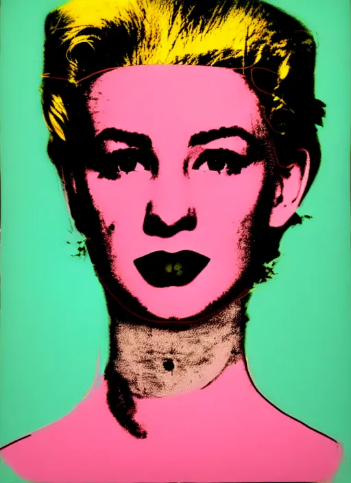 Image similar to a portrait of a pretty sewer punk young lady by andy warhol