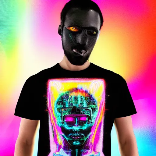 Image similar to photo of a black tshirt with a hyperdetailed portrait of a futuristic trippy cyberpunk dancing robot, 8 k, symetrical, flourescent colors, multicolored tshirt art,