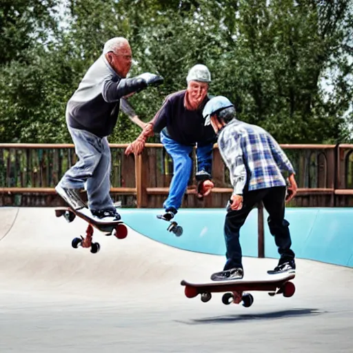 Image similar to senior citizens grinding rails at a skate park