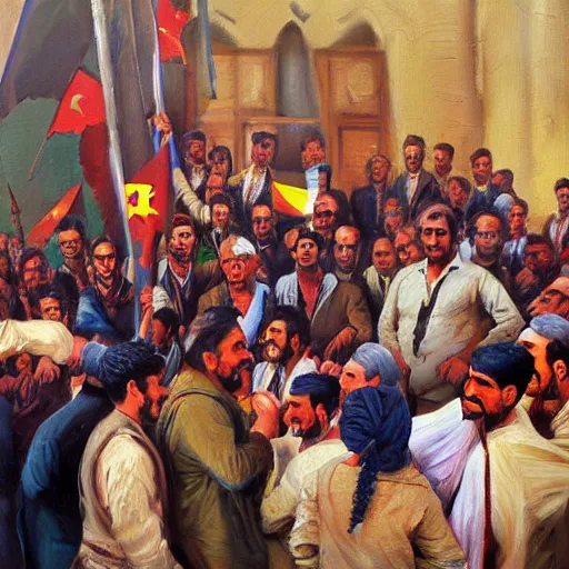 Image similar to a painting of a group of kurdish people standing around a signed declaration of independence for kurdistan, an oil painting by ilya ostroukhov, featured on deviantart, socialist realism, ilya kuvshinov, movie still, oil on canvas