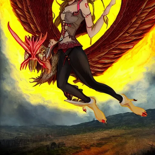 Image similar to a girl rides a winged demon and flies over hell,