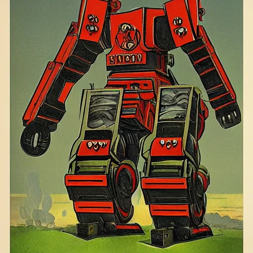 Prompt: wwi deiselpunk soviet battle mech propaganda art